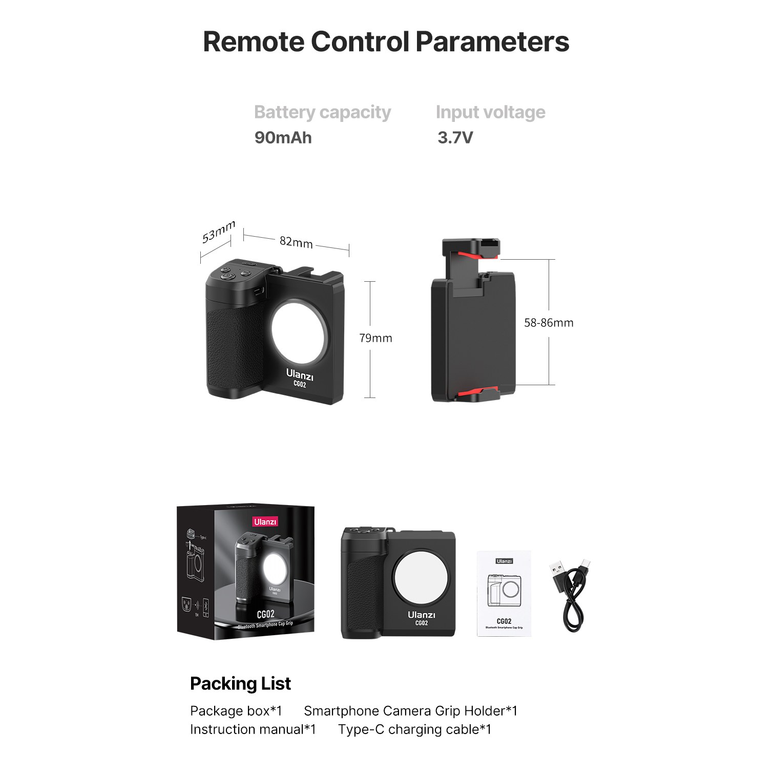 Diagramm zeigt Ulanzi CG02 Smartphone-Kameragriff, Maße, elektrische Daten und Lieferumfang mit Zubehör.