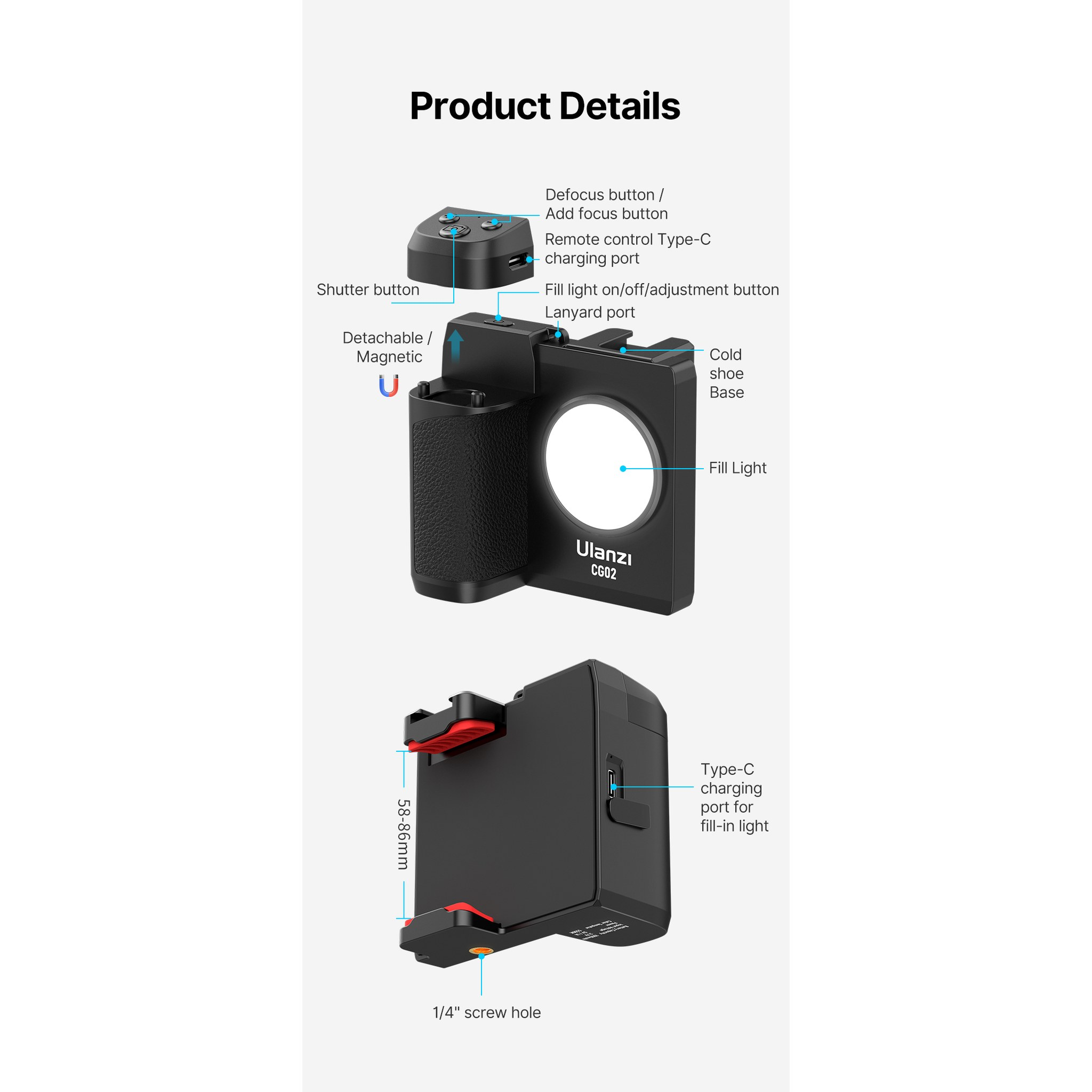 Produktdetails des Ulanzi CG02 Kamera-Griffs mit Tasten, Anschlüssen und integriertem Fülllicht.