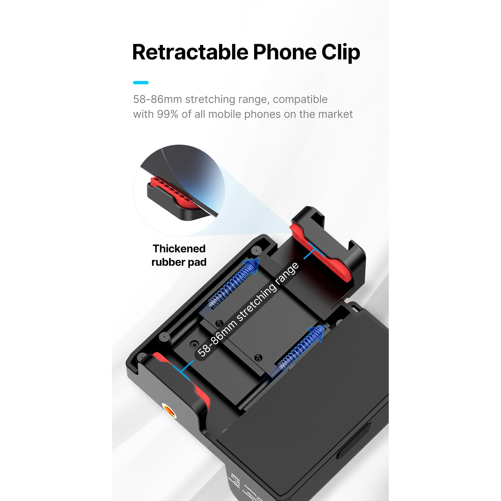 Einziehbarer Telefonclip mit Gummipolstern, 58-86 mm Dehnbereich.
