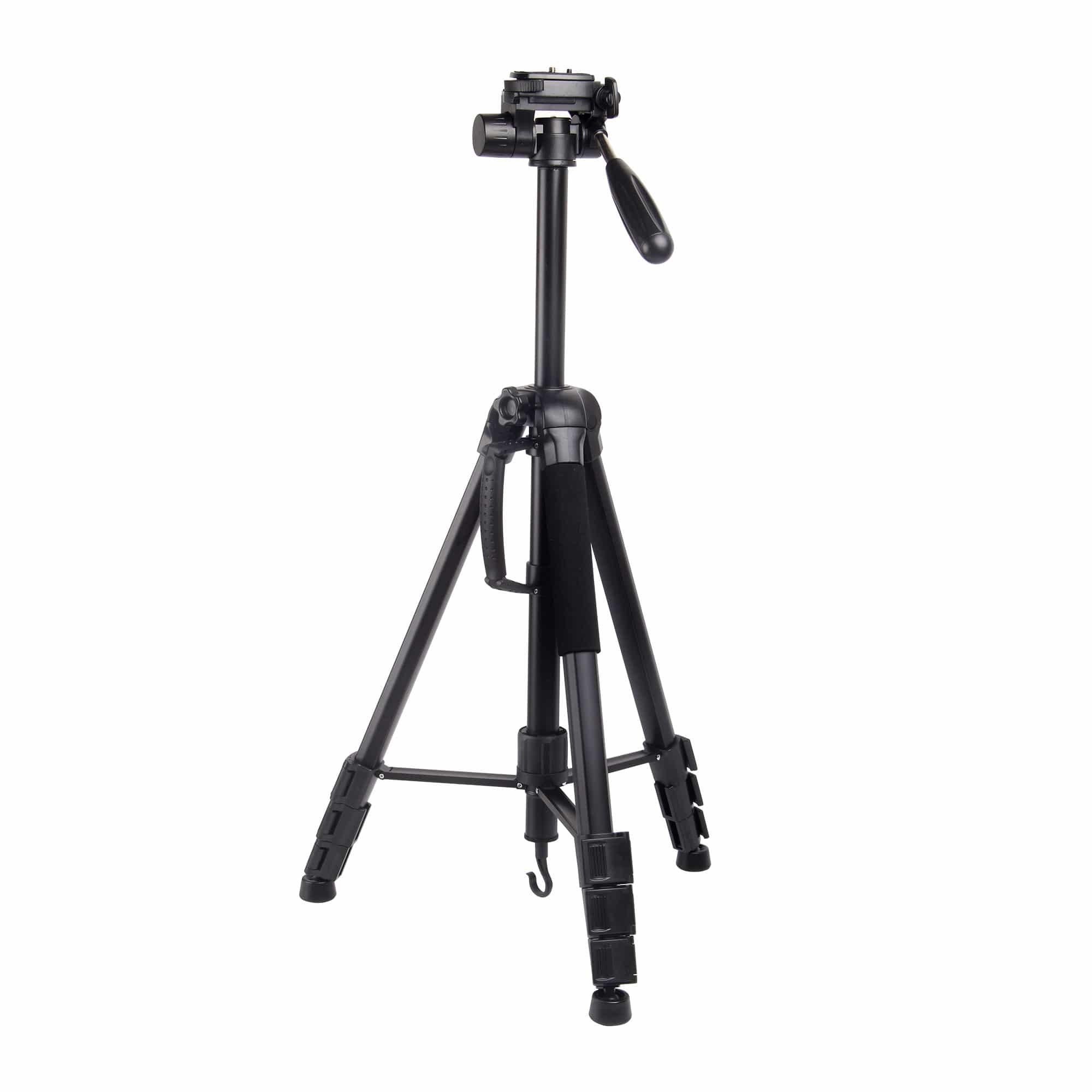 A black camera tripod with three legs and an adjustment handle against a white background.