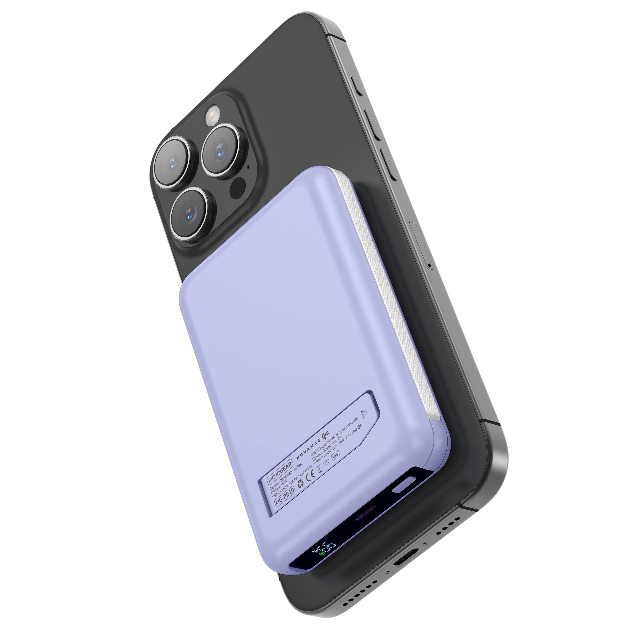 Un power bank azzurro è attaccato magneticamente al retro di uno smartphone grigio.