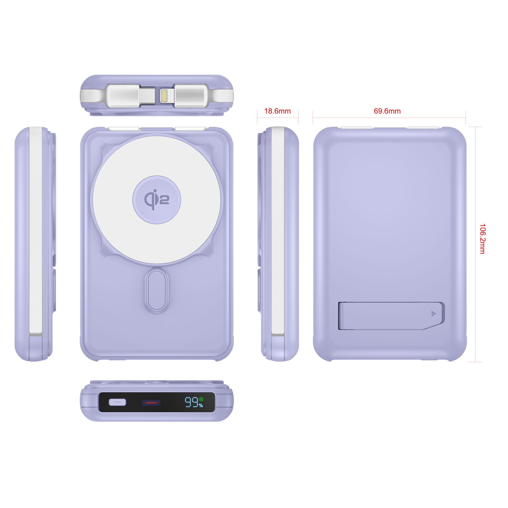 Disegno tecnico di un power bank viola, dimensioni 106,2mm x 69,6mm x 18,6mm, con display digitale della batteria.