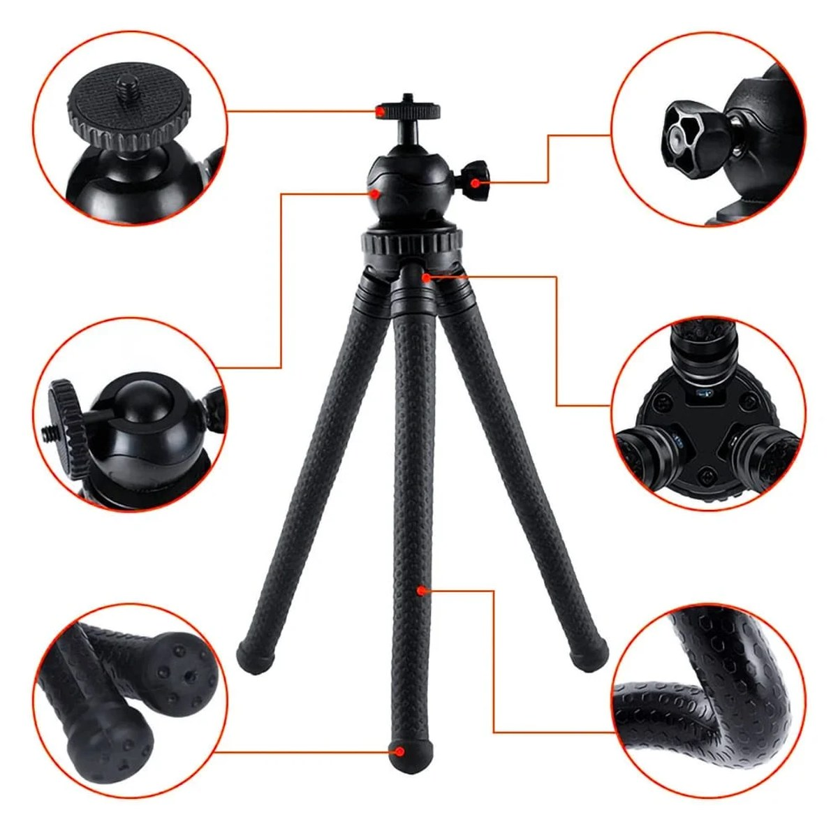 A black flexible tripod with multiple inset detail circles highlighting its parts against a white background.
