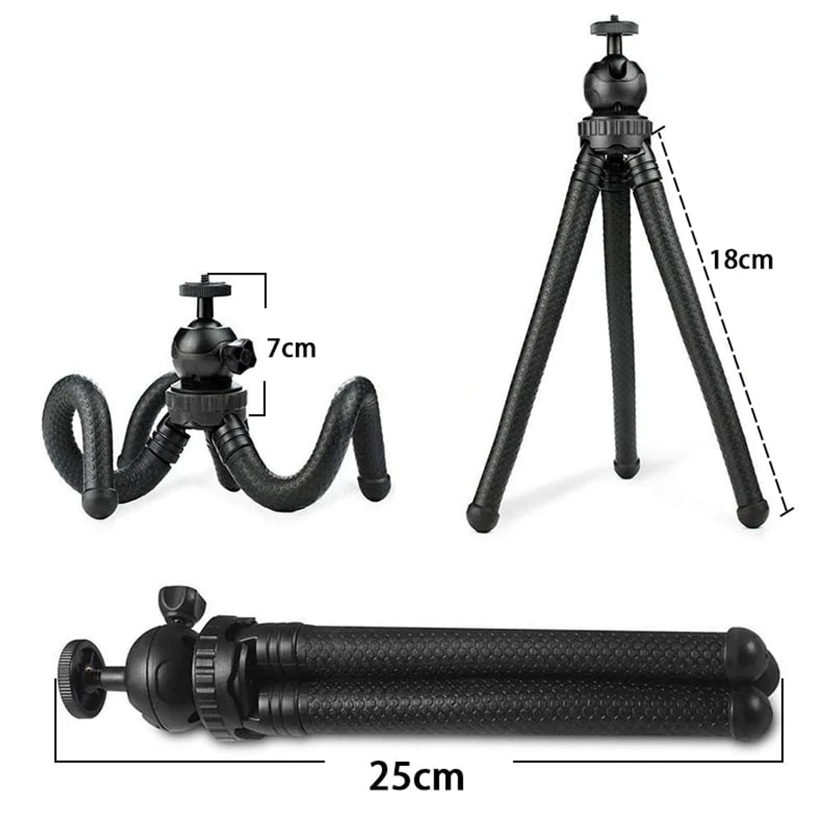 Black flexible tripod shown in three configurations with dimensions.