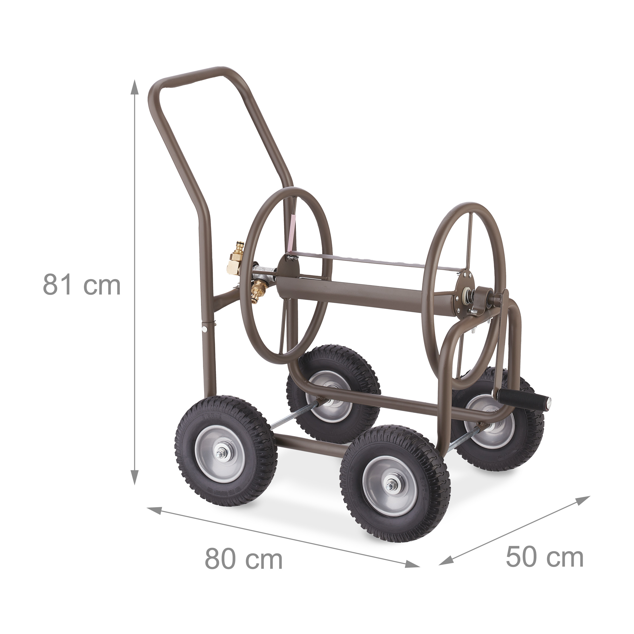 Brauner Gartenschlauchwagen mit vier Rädern auf weißem Hintergrund, Maße 81x80x50 cm.
