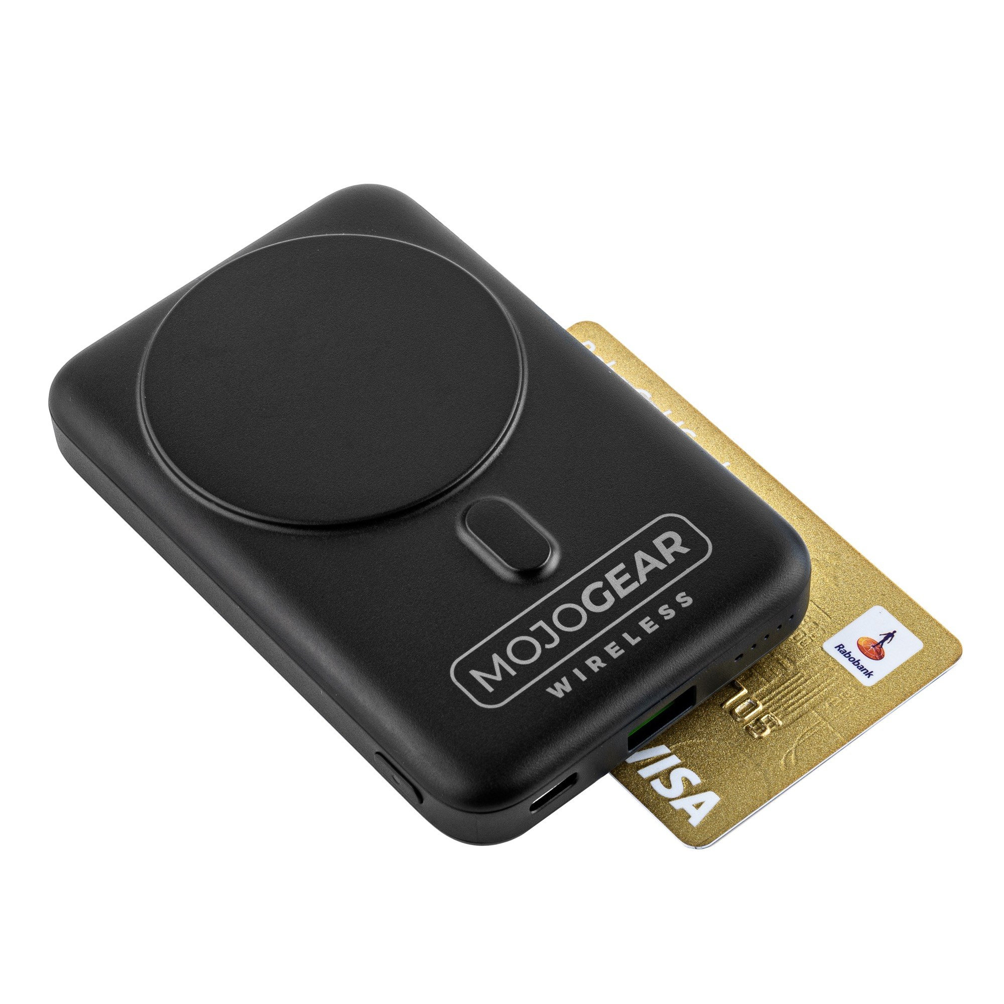 Black Mojogear wireless power bank with a gold credit card on a white background.