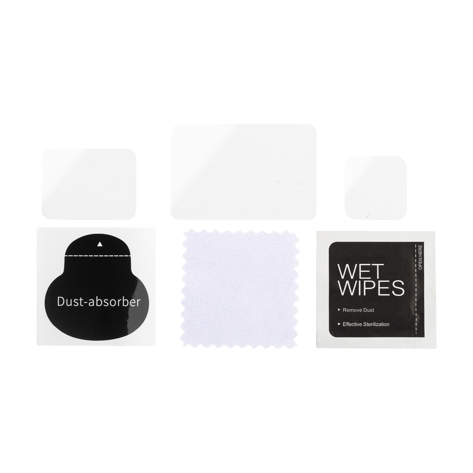 Schermprotector installatieset met stofabsorbeerder, doekje, vochtige doekjes en folies.