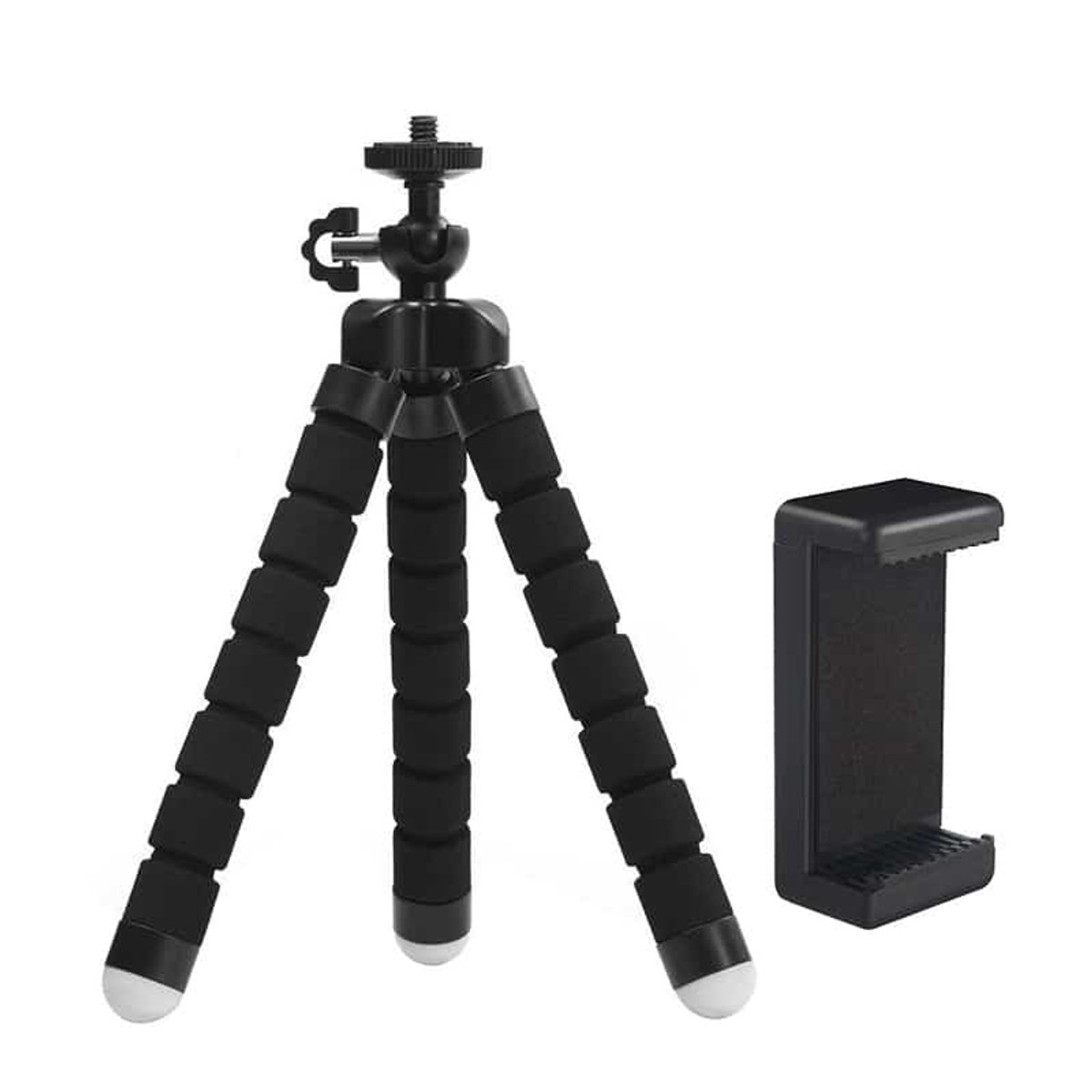 A small black flexible tripod with foam legs and a separate smartphone mount.