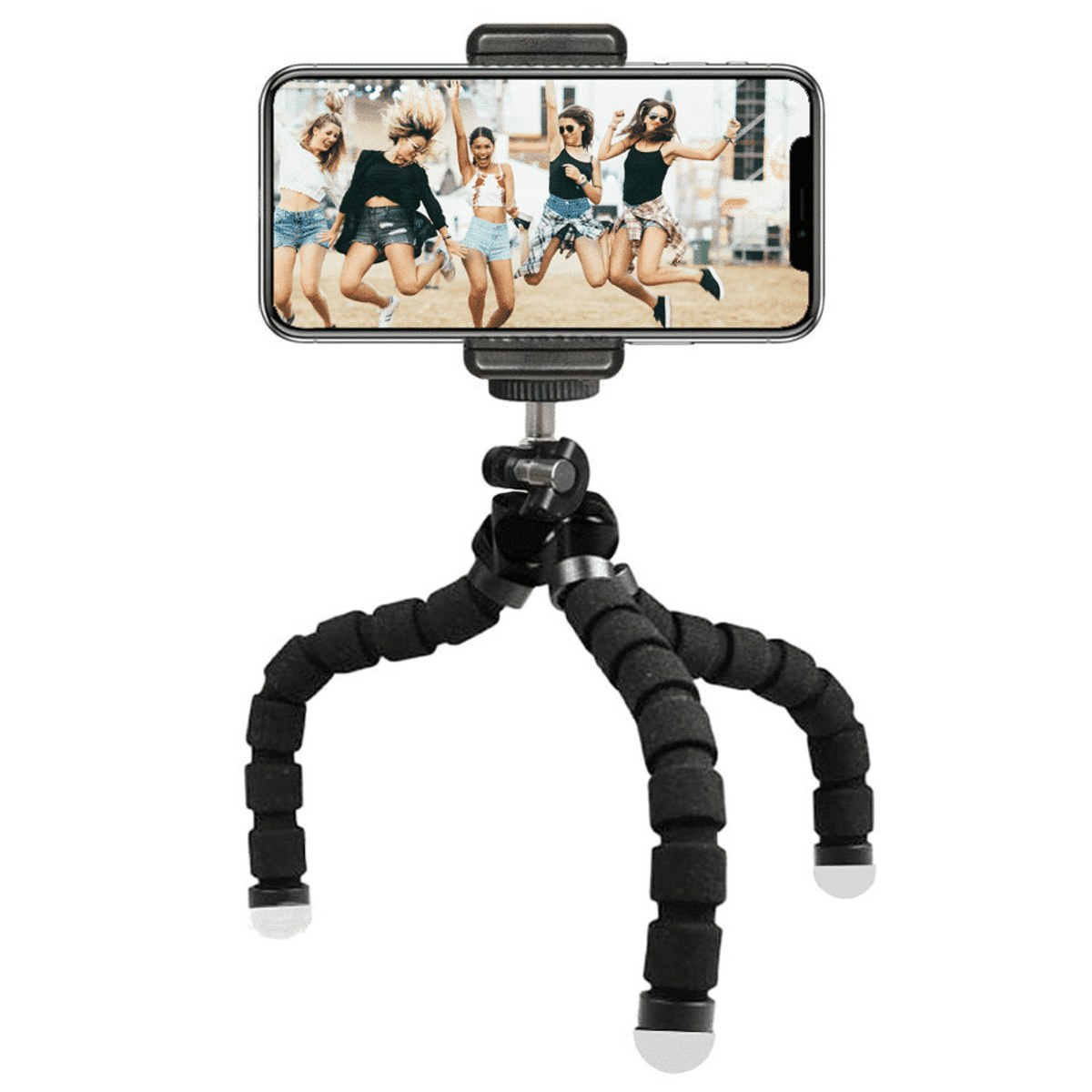 A smartphone in a mount, mounted on a flexible black mini tripod with bendable legs.