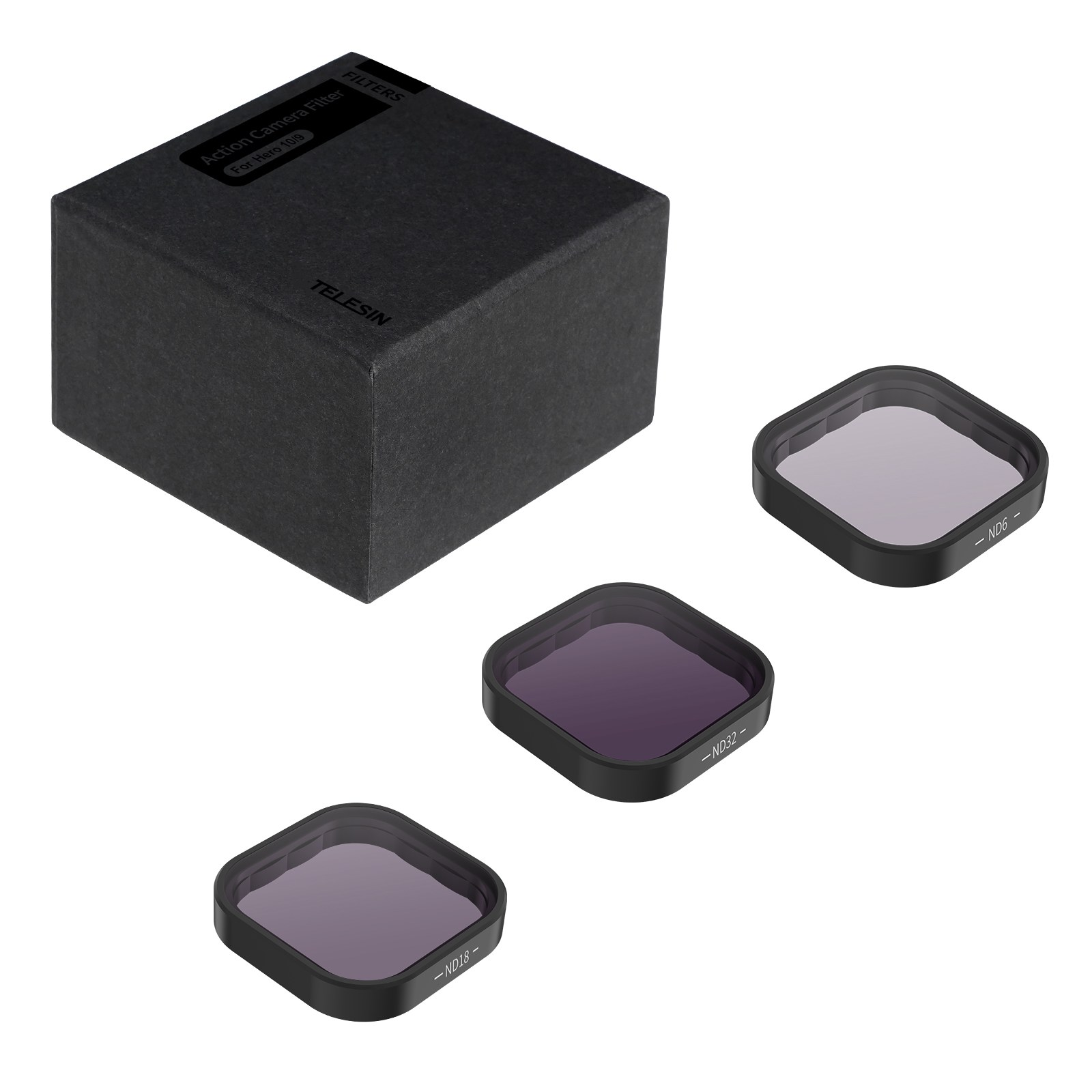 A black box labeled Telesin action camera filters alongside three square ND filters on a white background.