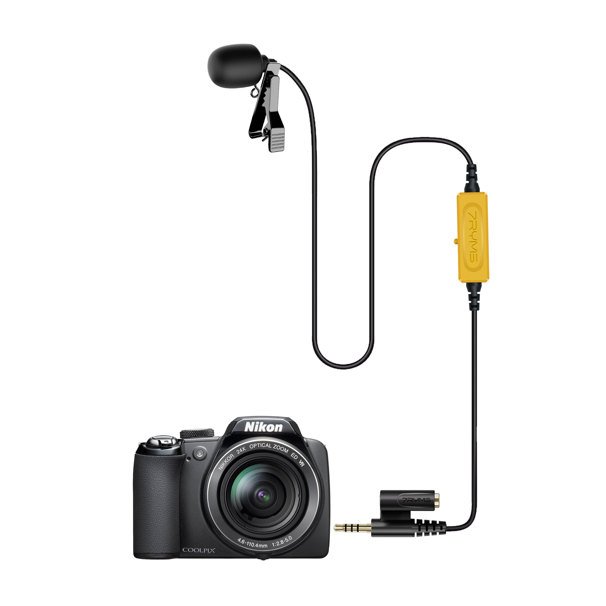 A black lapel microphone with a long cord and yellow module is plugged into a Nikon Coolpix camera.