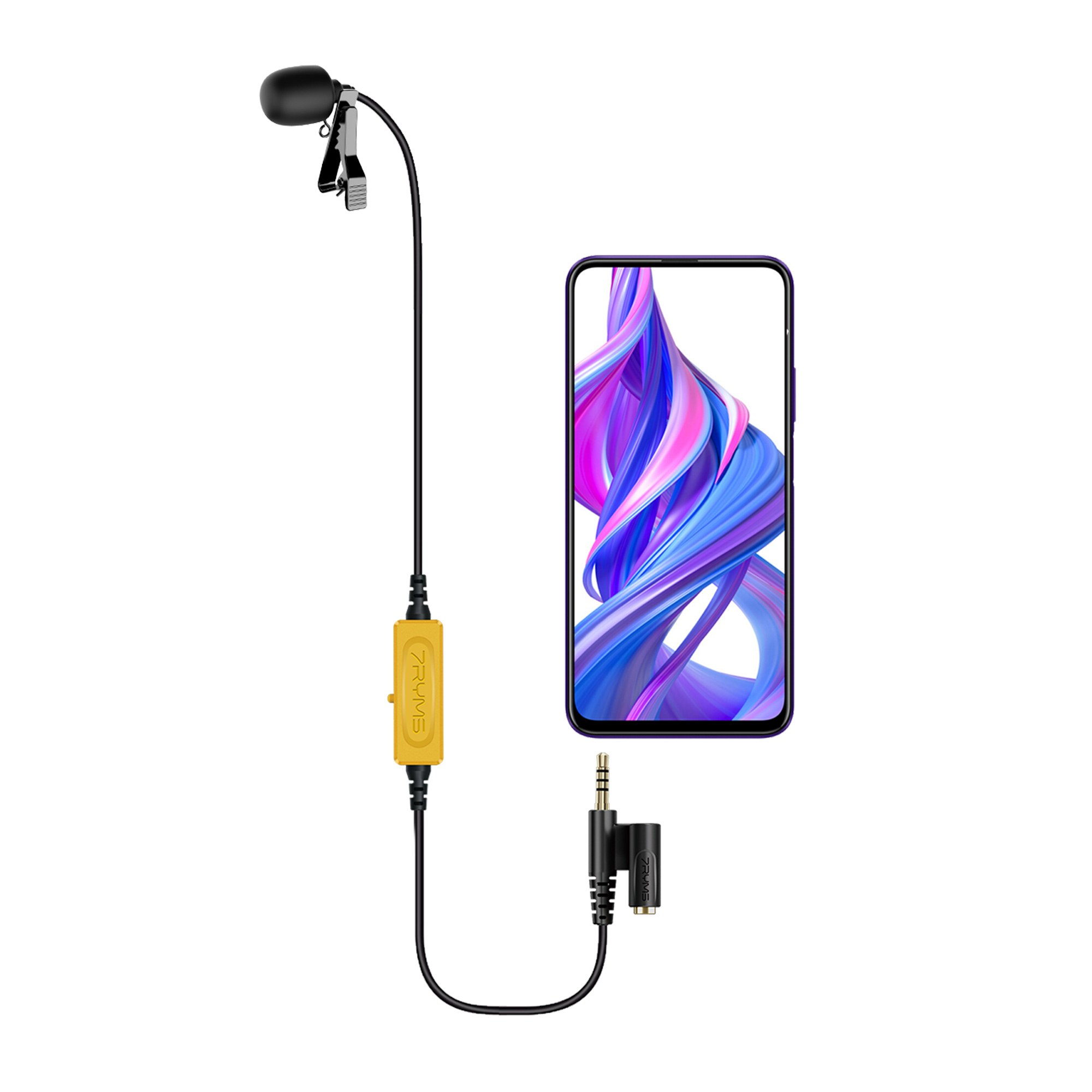 A lapel microphone with a yellow control module and audio jack is connected to a smartphone.