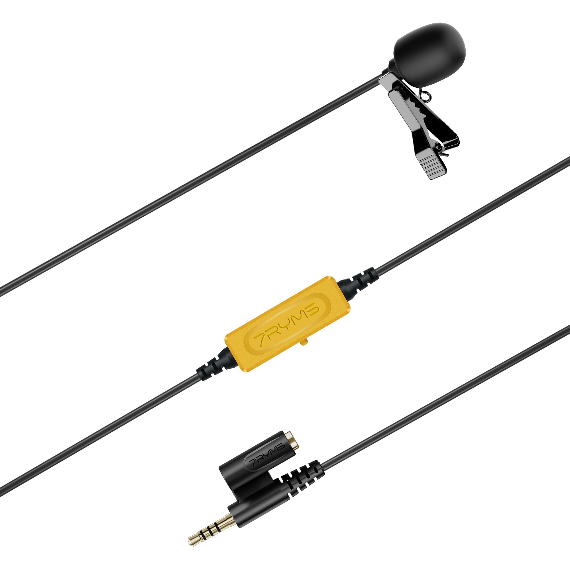 Black lapel microphone with a yellow module and audio jack on a white background.