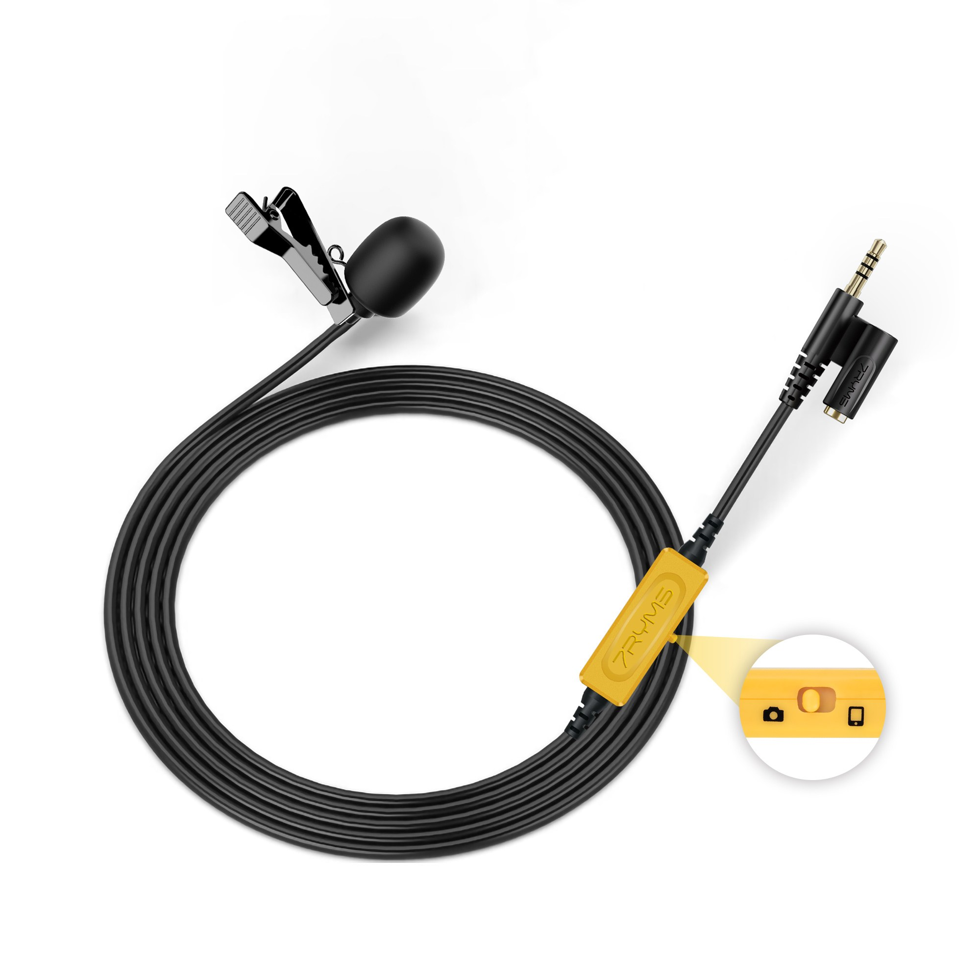 A black lavalier microphone with a clip, coiled cable, yellow control module, and a 3.5mm audio jack.