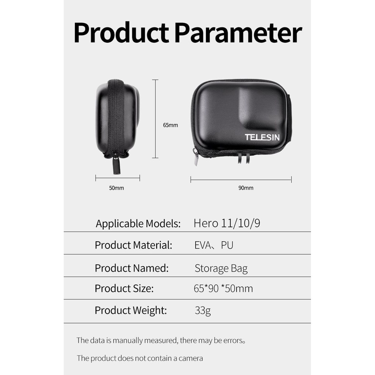 Productparameters van een zwarte Telesin opbergtas met afmetingen en specificaties.