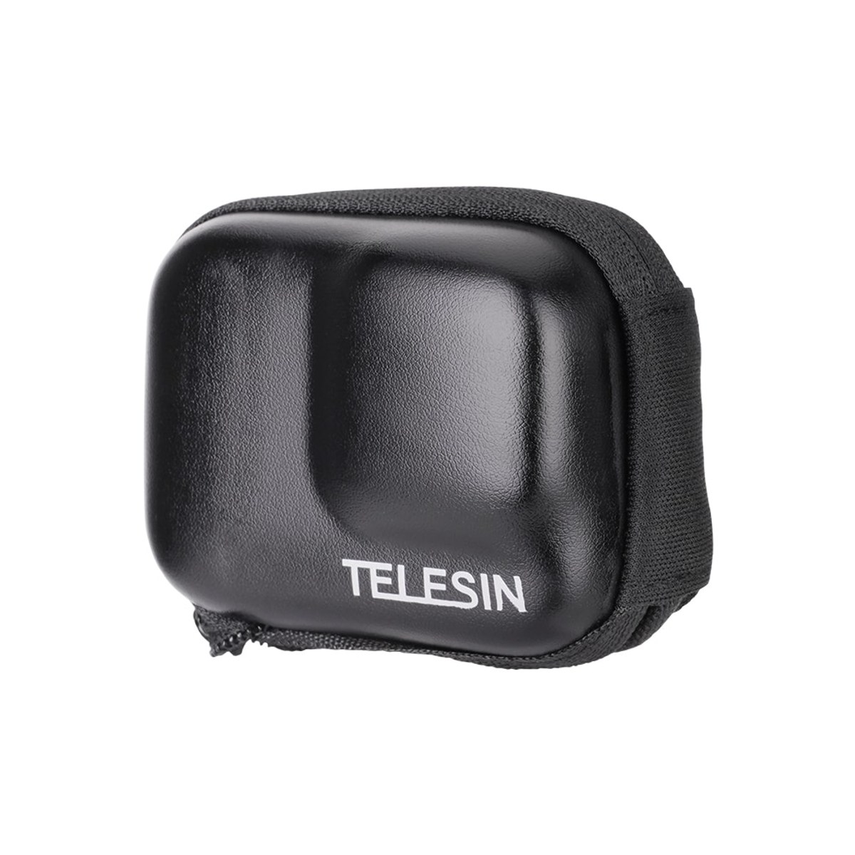 Zwarte harde Telesin-etui met ritssluiting en wit logo aan de voorkant.