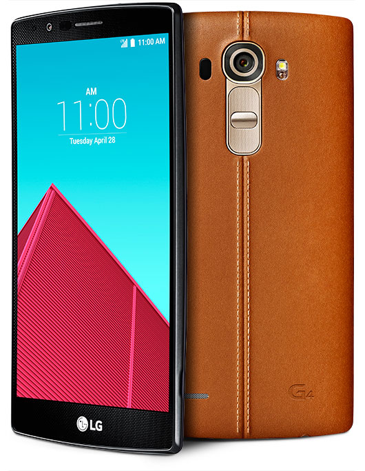 Vista anteriore e posteriore di uno smartphone in pelle marrone con lo schermo acceso.