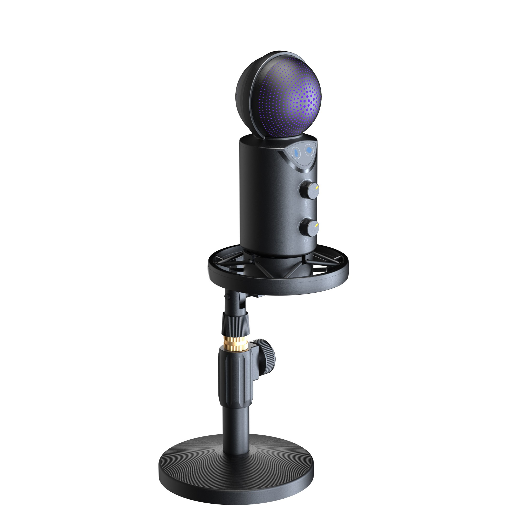 A black desk microphone with a glowing purple sphere top on a round base stand.