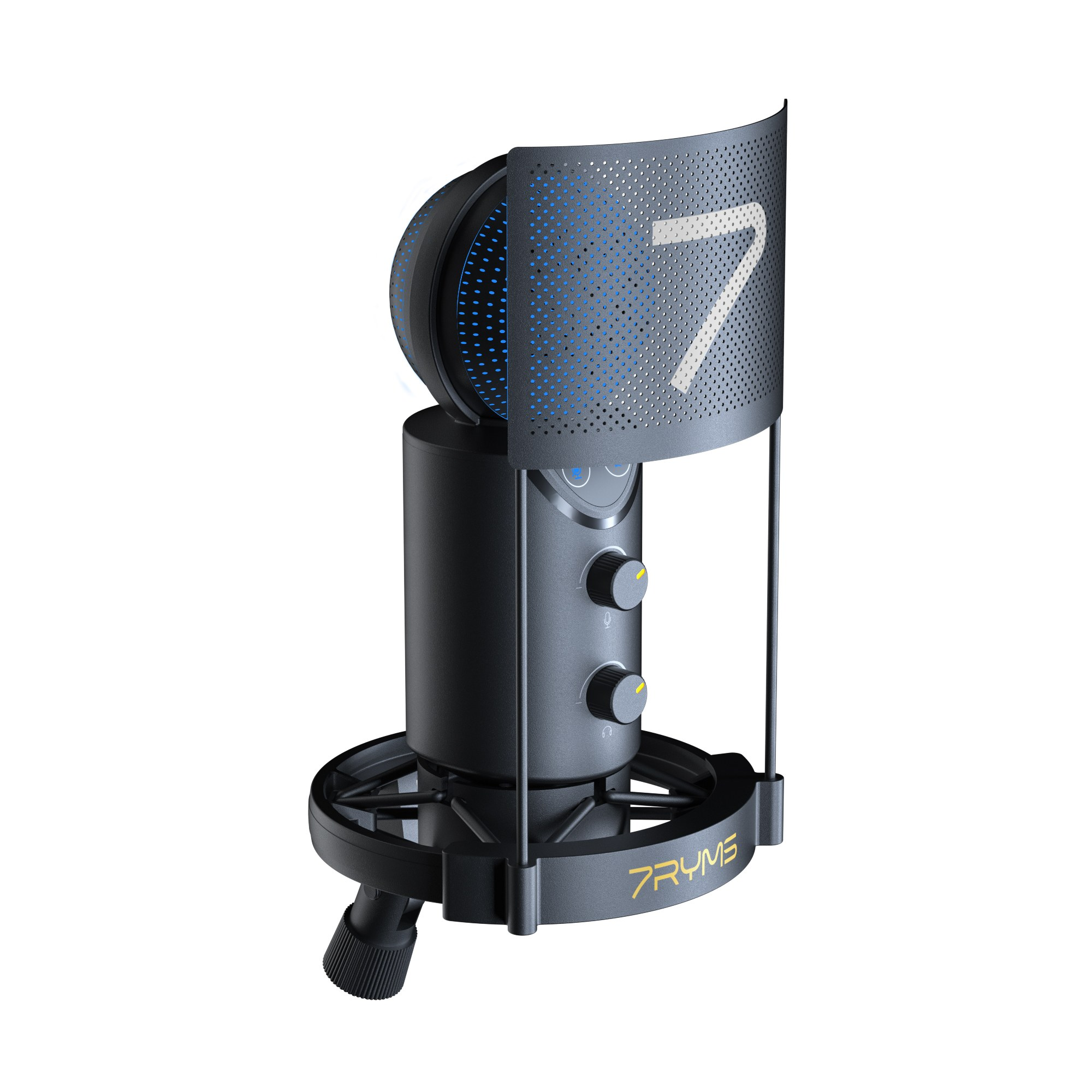 Black studio microphone featuring a blue pop shield with the number 7 and the brand logo 7RYMS.