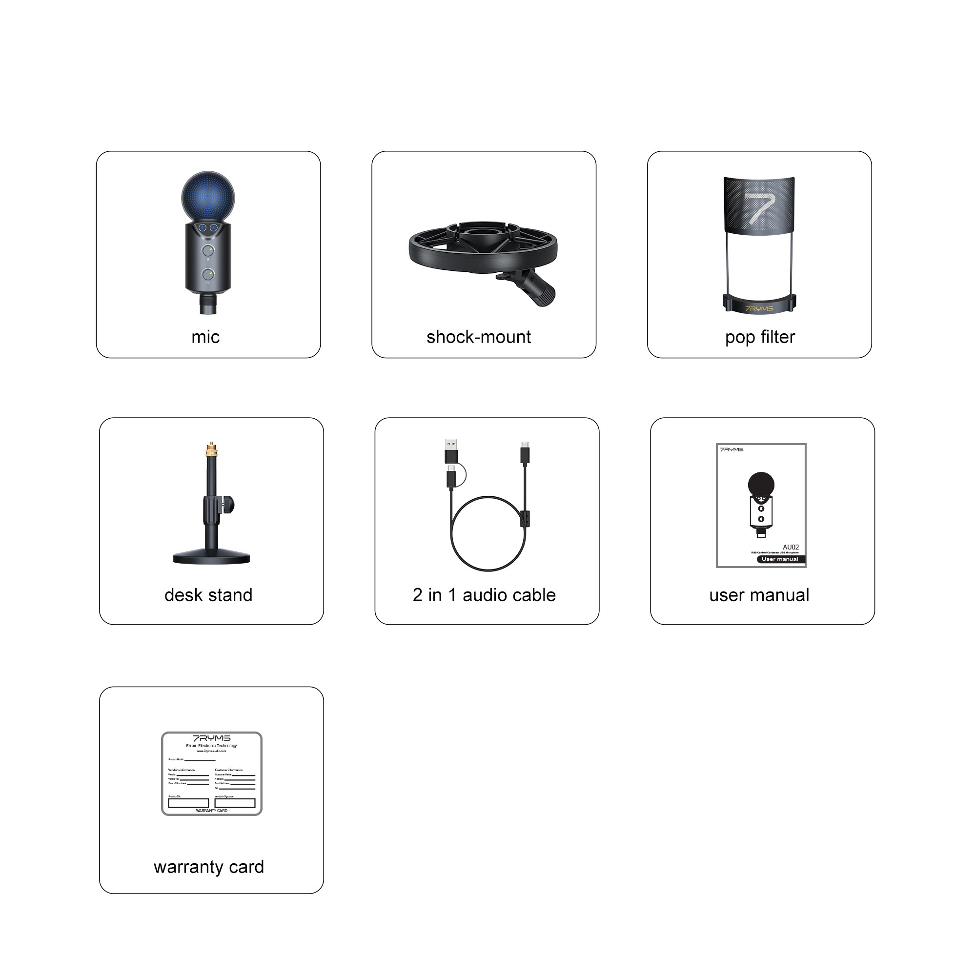 Diagram showing microphone parts including mic, shock-mount, pop filter, desk stand, cable, manual, and warranty card.