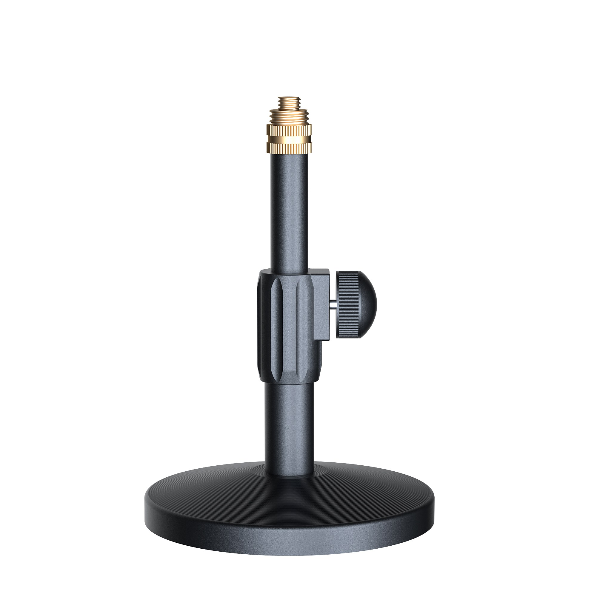 A black desktop stand with a round base, adjustable rod, and gold threaded tip against a white background.