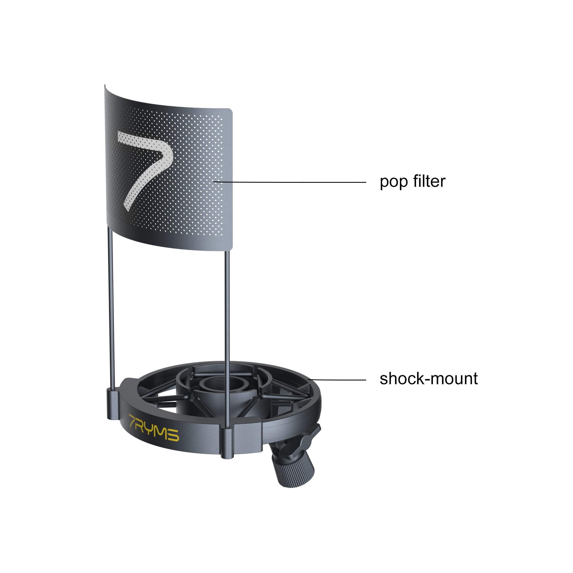 A black microphone shock-mount with an attached curved pop filter labeled 'pop filter' and 'shock-mount'.