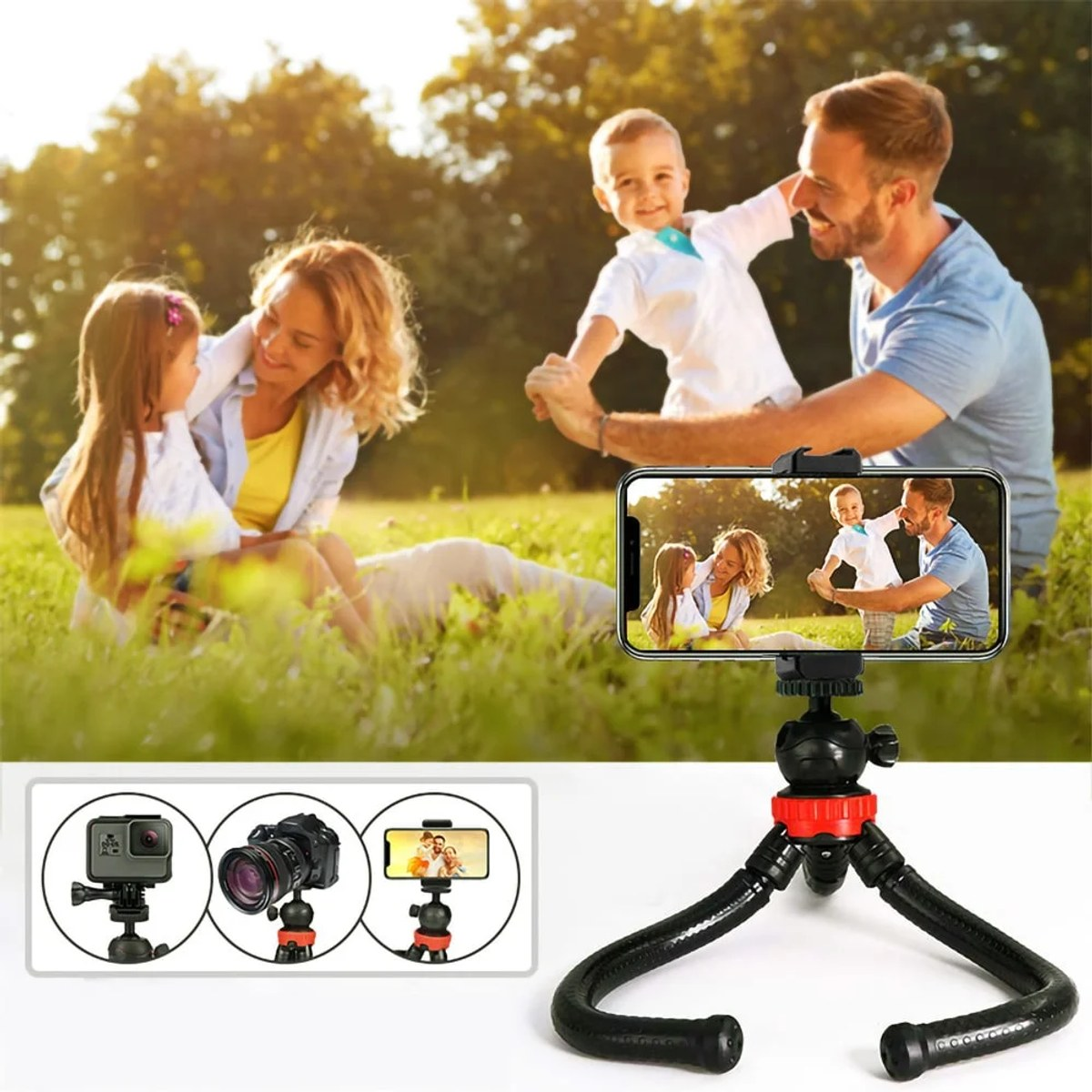 Flexible smartphone tripod on white background, in the background a happy family is filming on a sunny meadow.