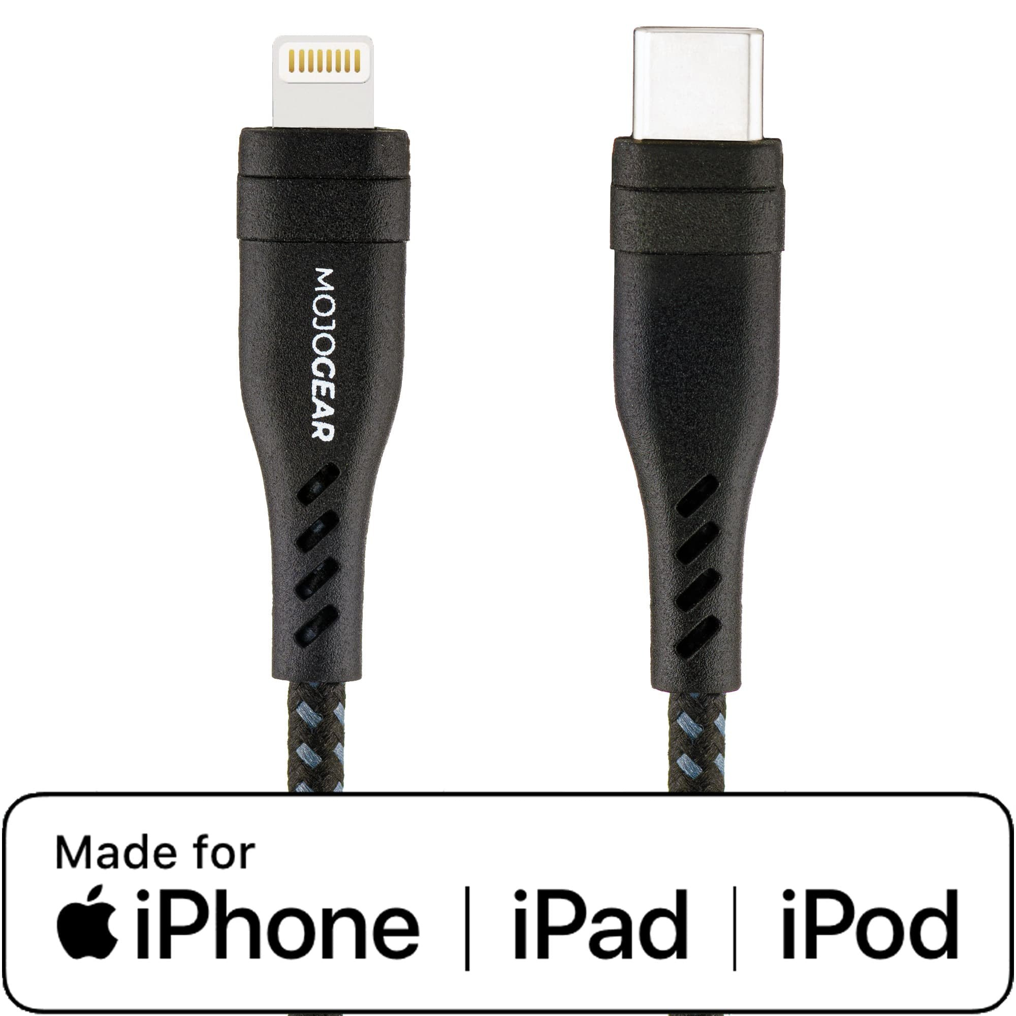 A Lightning and USB-C cable by Mojogear with an Apple device compatibility label.