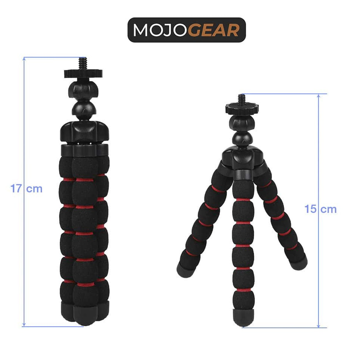 Two black mini tripods with red accents, measuring 17 cm and 15 cm tall, on a white background.