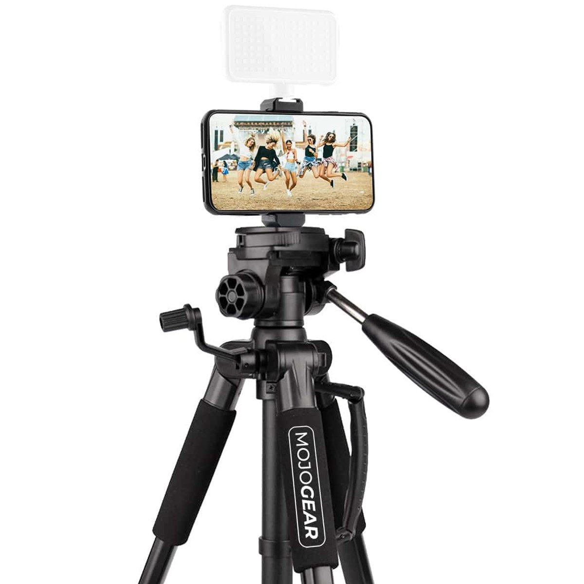 A black tripod with a smartphone, LED light, and Mojo Gear logo against a white background.