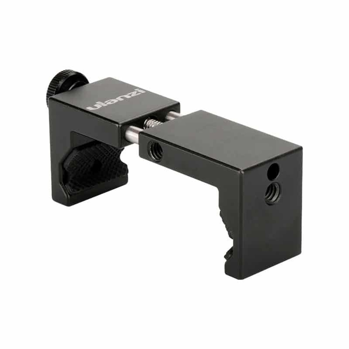 Eine schwarze Ulanzi-Kamera-Metallklemme mit verstellbarem Schraubmechanismus vor weißem Hintergrund.