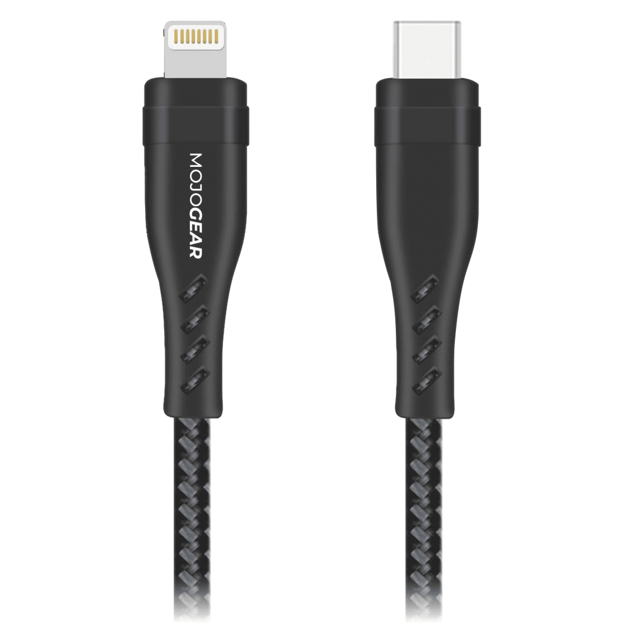 Two black Mojo Gear braided cables showing a Lightning connector on the left and a USB-C connector on the right.