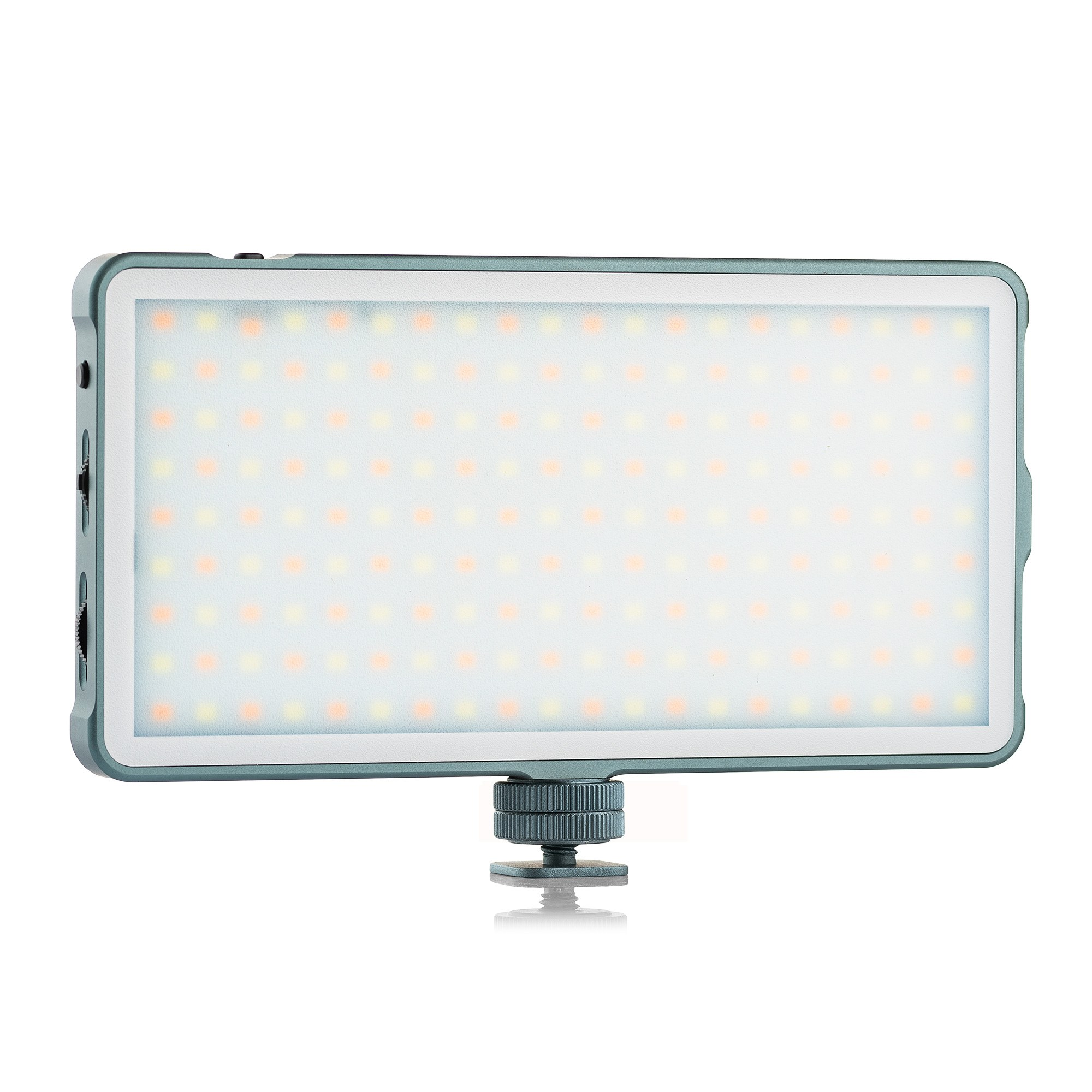 Portable LED panel with adjustable yellow and white light and mounted bracket on a white background.
