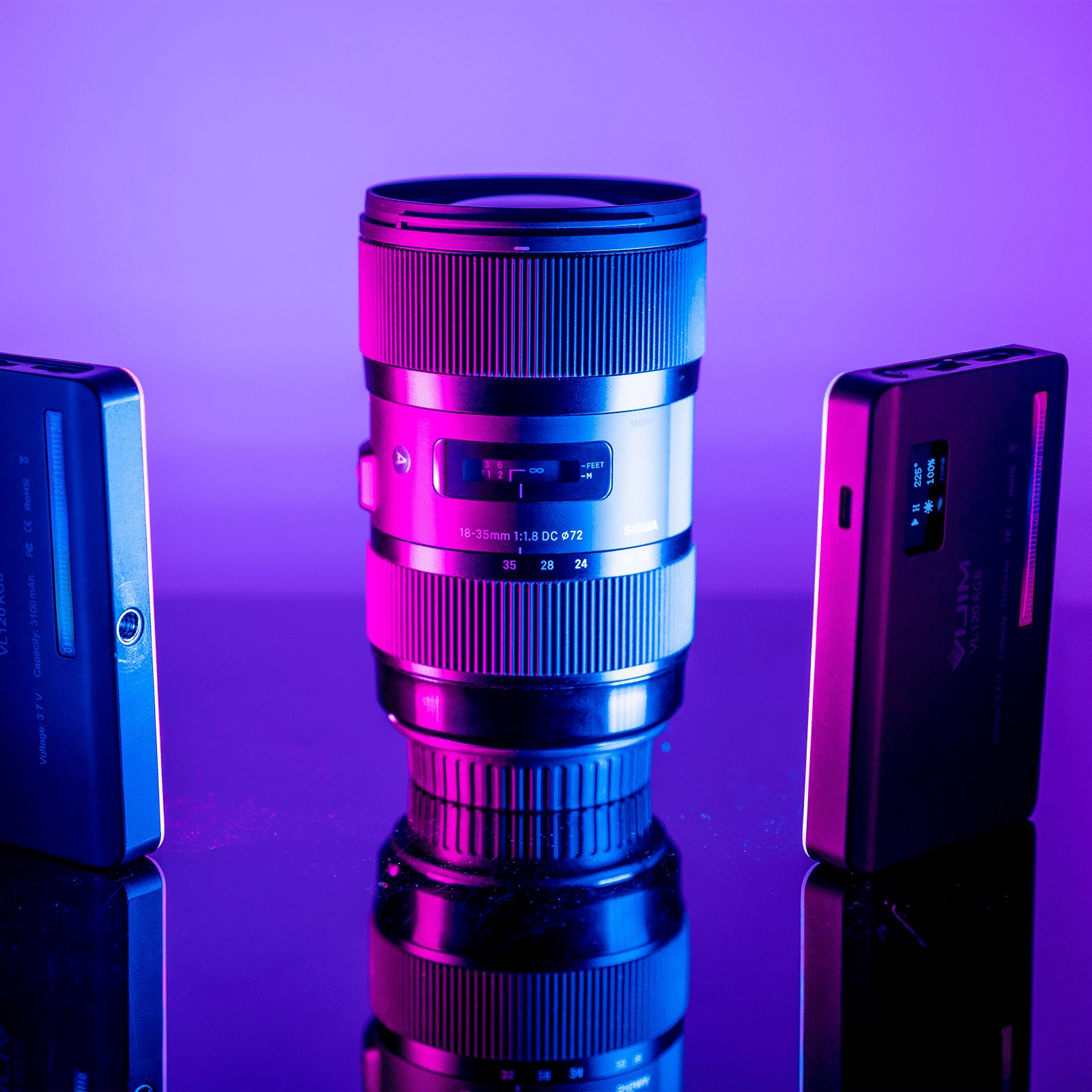 A camera lens sits in the center, lit by two LED panels against a purple background.