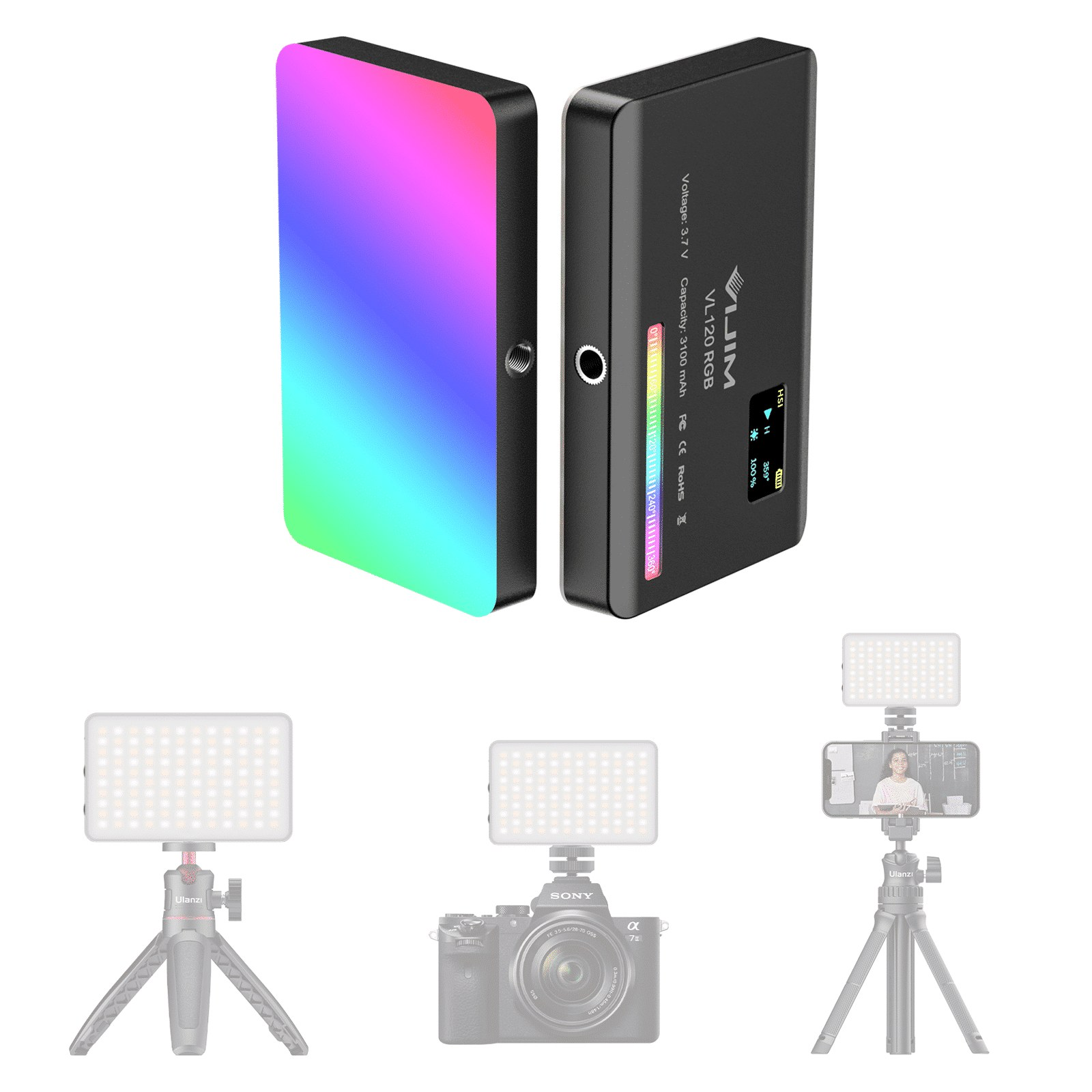 Two RGB LED panels with color gradient and display, shown mounted on tripods and a camera below.