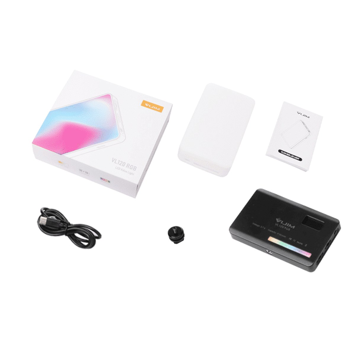 Vijim VL120 RGB LED video light with box, charging cable, diffuser, mount, and manual on a white background.