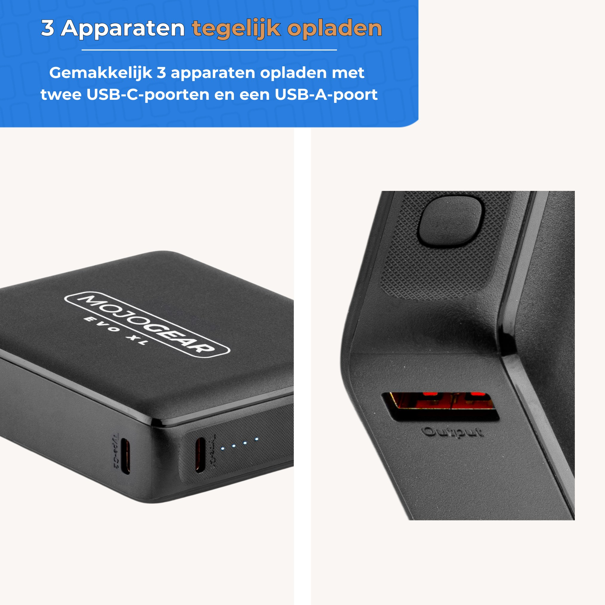 Une batterie externe noire avec le logo Mojogear, deux ports USB-C, des témoins lumineux et un port USB-A rouge.