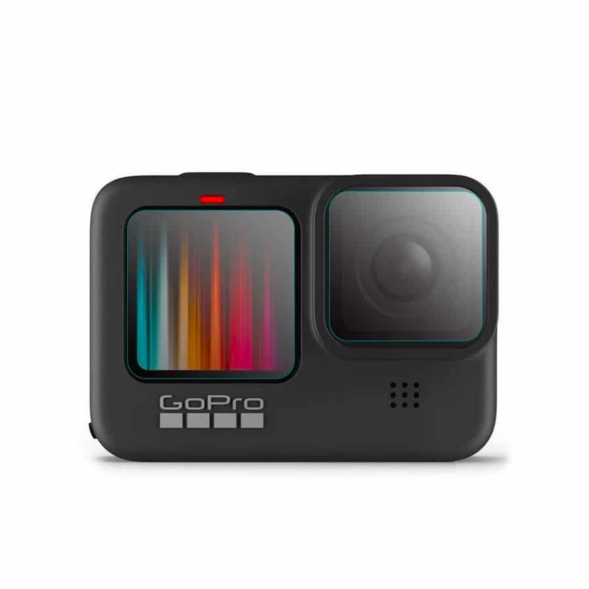 Een zwarte GoPro actiecamera met scherm aan de voorkant, lens en GoPro logo op een witte achtergrond.