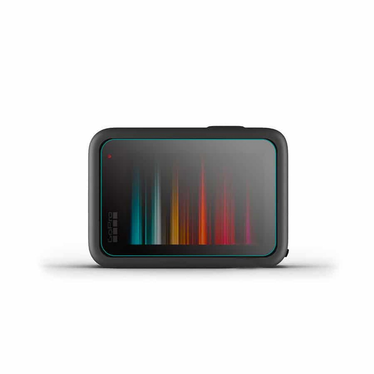 Een zwarte GoPro actiecamera in beschermhoes met kleurrijk abstract display tegen een witte achtergrond.