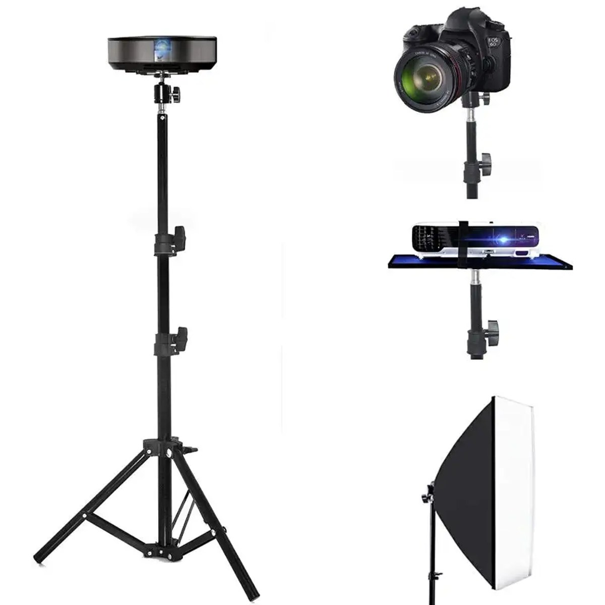 Adjustable black tripod stand holding a projector, camera, and softbox.