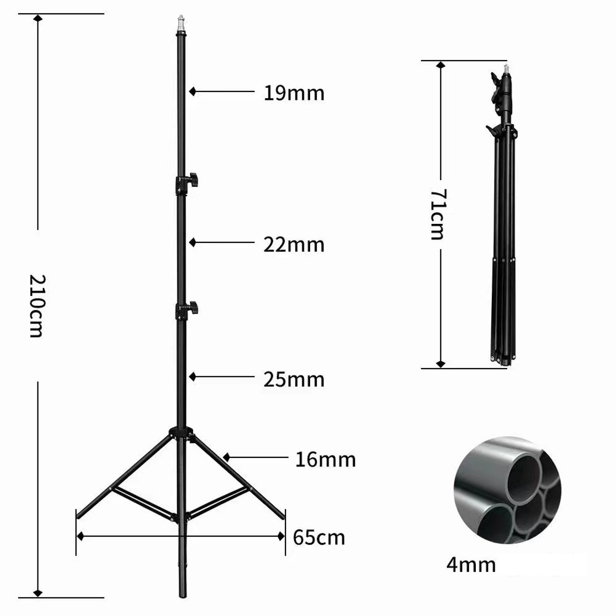 Black light stand with dimension labels showing heights, widths, and folded size against a white background.