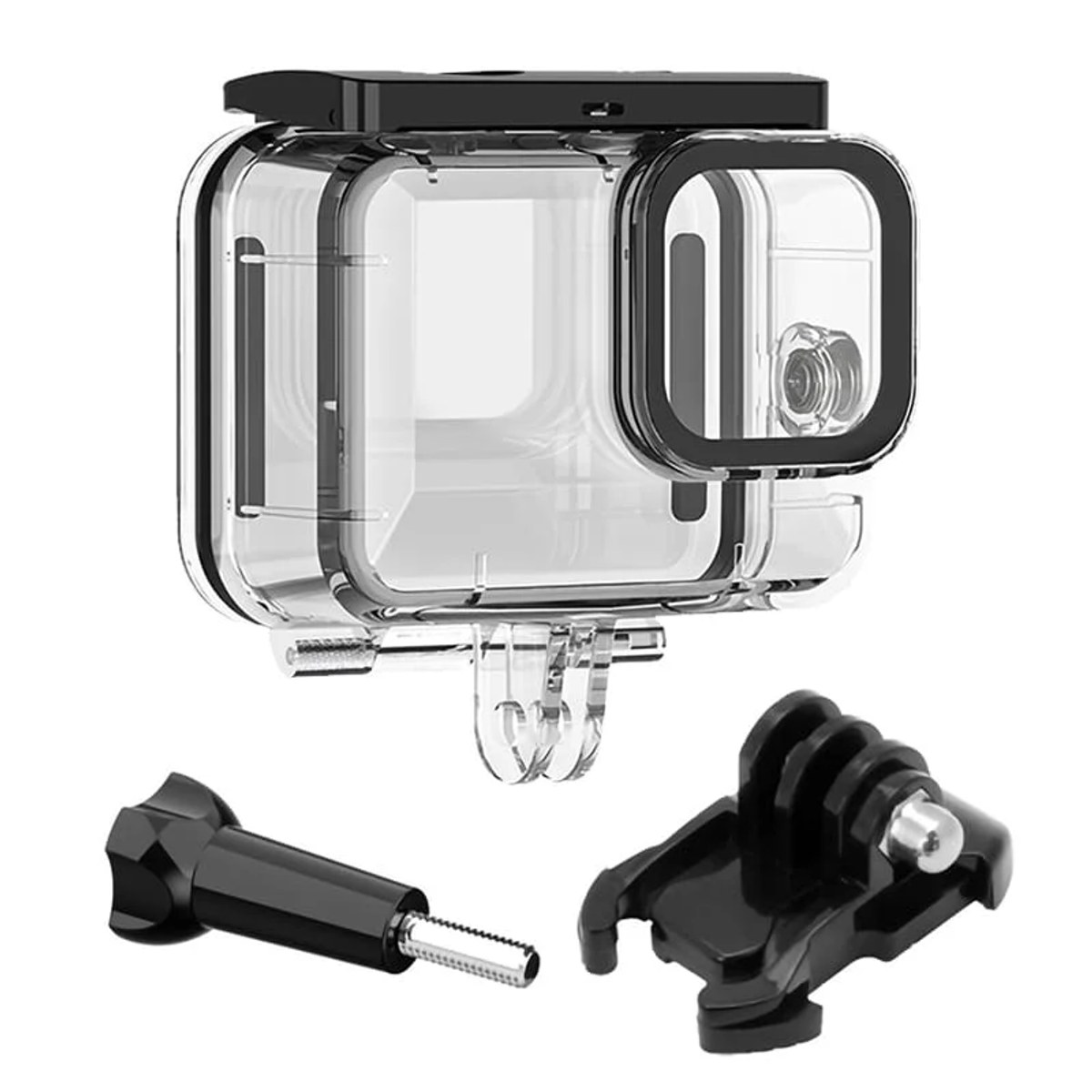 Transparante waterdichte camerabehuizing met zwarte houder en schroef op witte achtergrond.