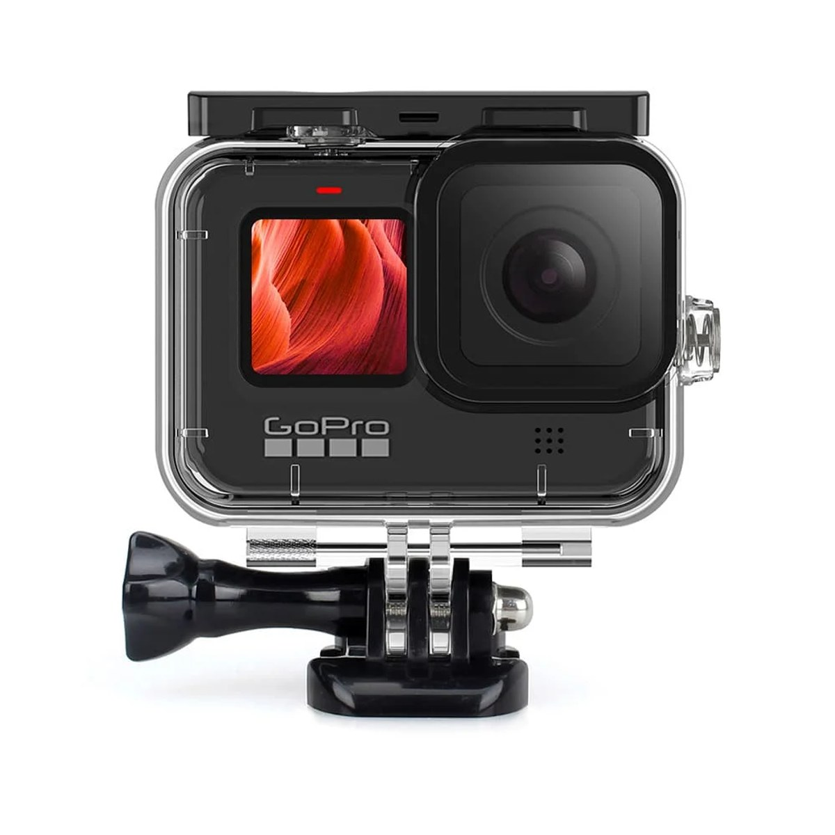 GoPro-camera in een doorzichtige beschermende Behuizing met montagebeugel op een witte achtergrond.