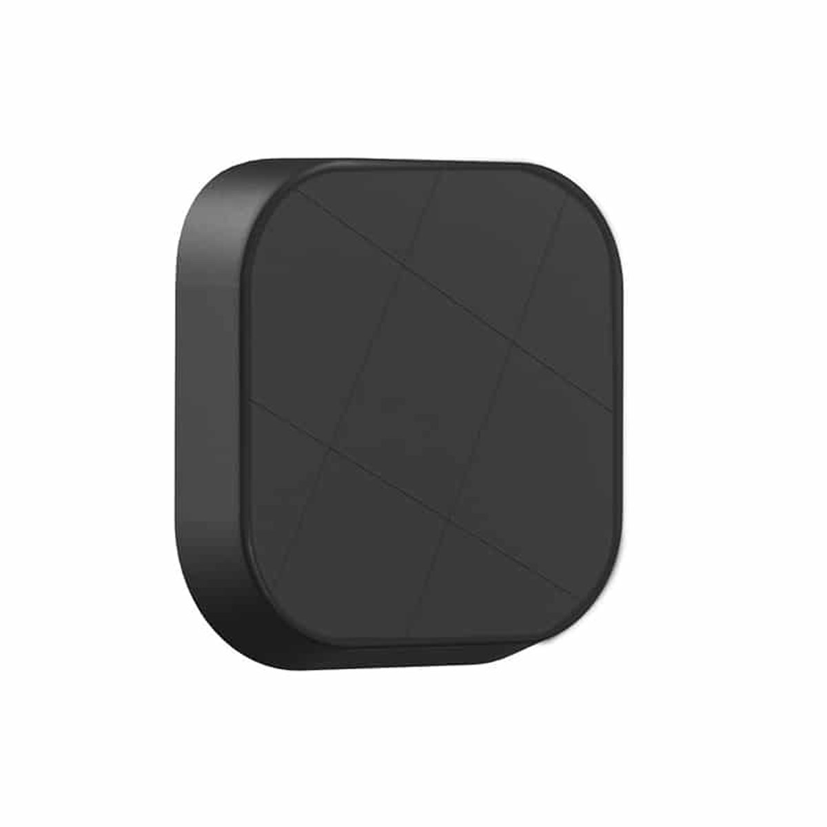 A square, black device with rounded corners and subtle intersecting lines on the front face.