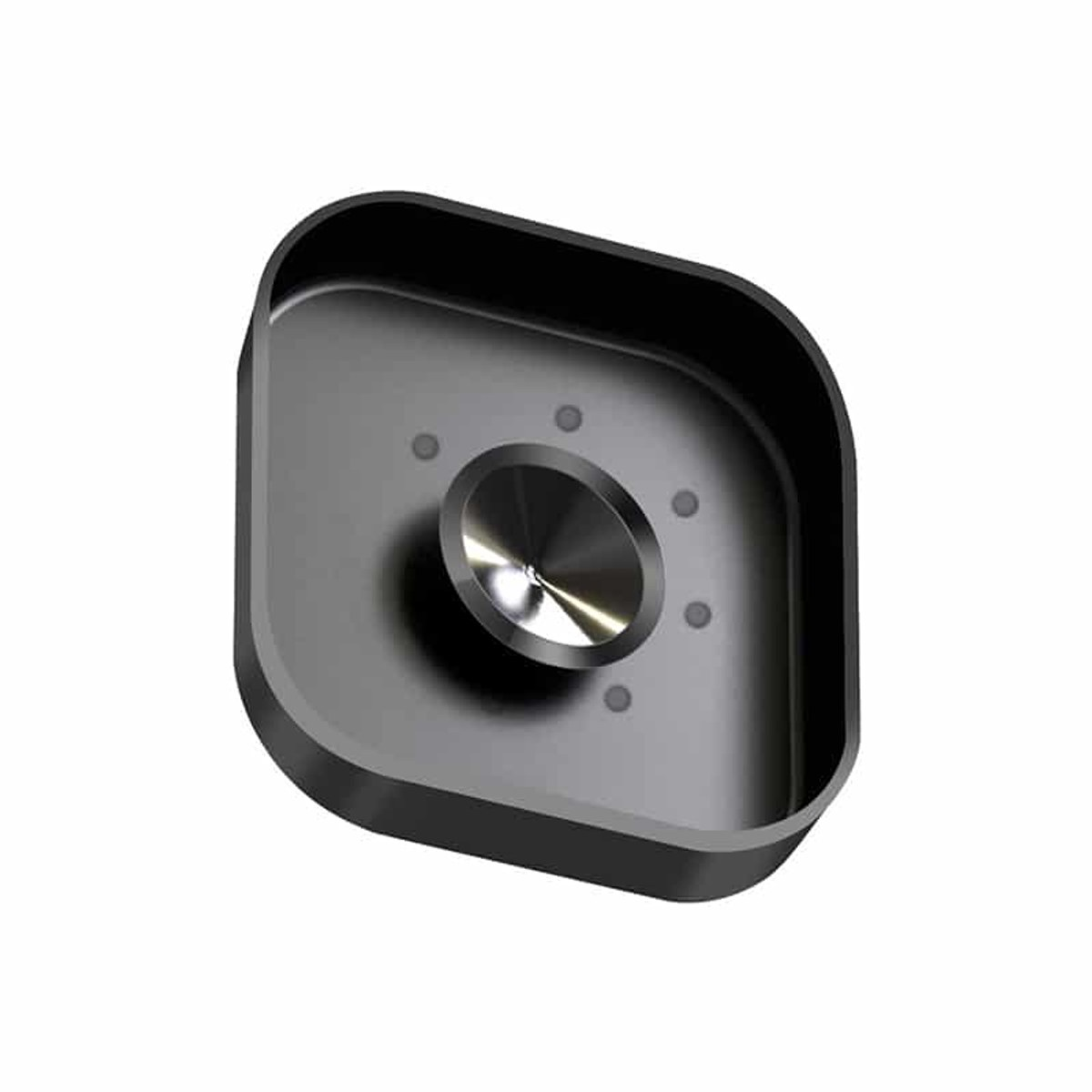 A black square device featuring a central shiny metallic lens surrounded by small round dots.