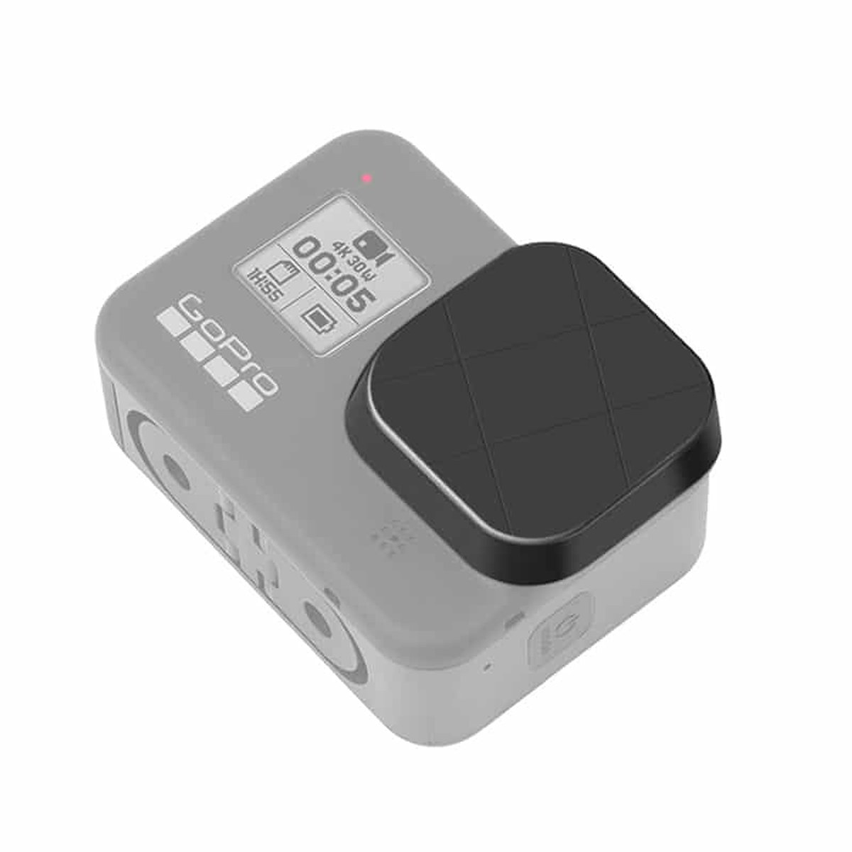 Gray GoPro camera with a black protective lens cover and a white display screen on a white background.