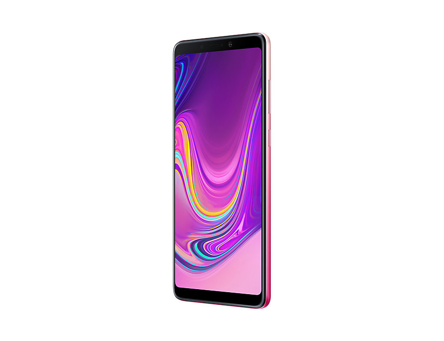 Ein pinkes Smartphone mit einem lebendigen, abstrakten violetten Hintergrund auf dem Bildschirm.