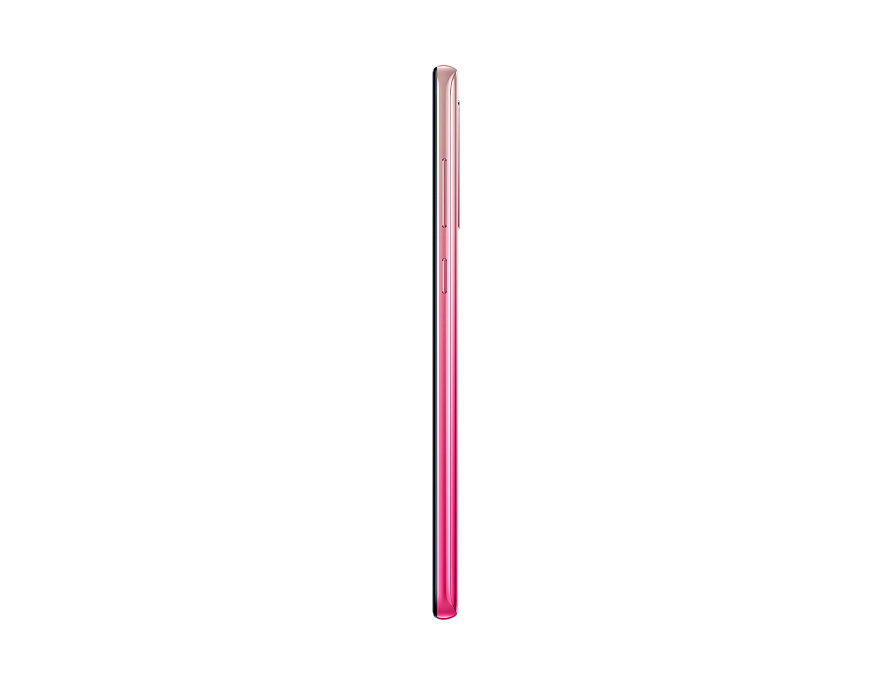Seitenansicht eines rosa Smartphones mit sichtbaren Lautstärketasten auf einem weißen Hintergrund.
