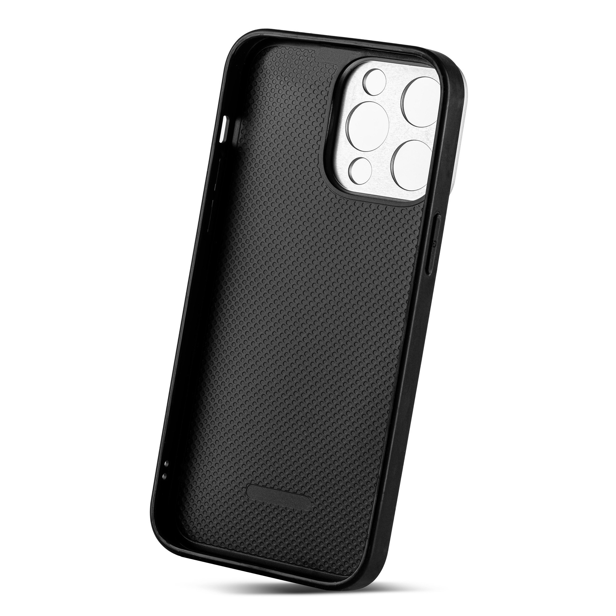 Black smartphone case with textured inner lining and cutouts for four cameras.