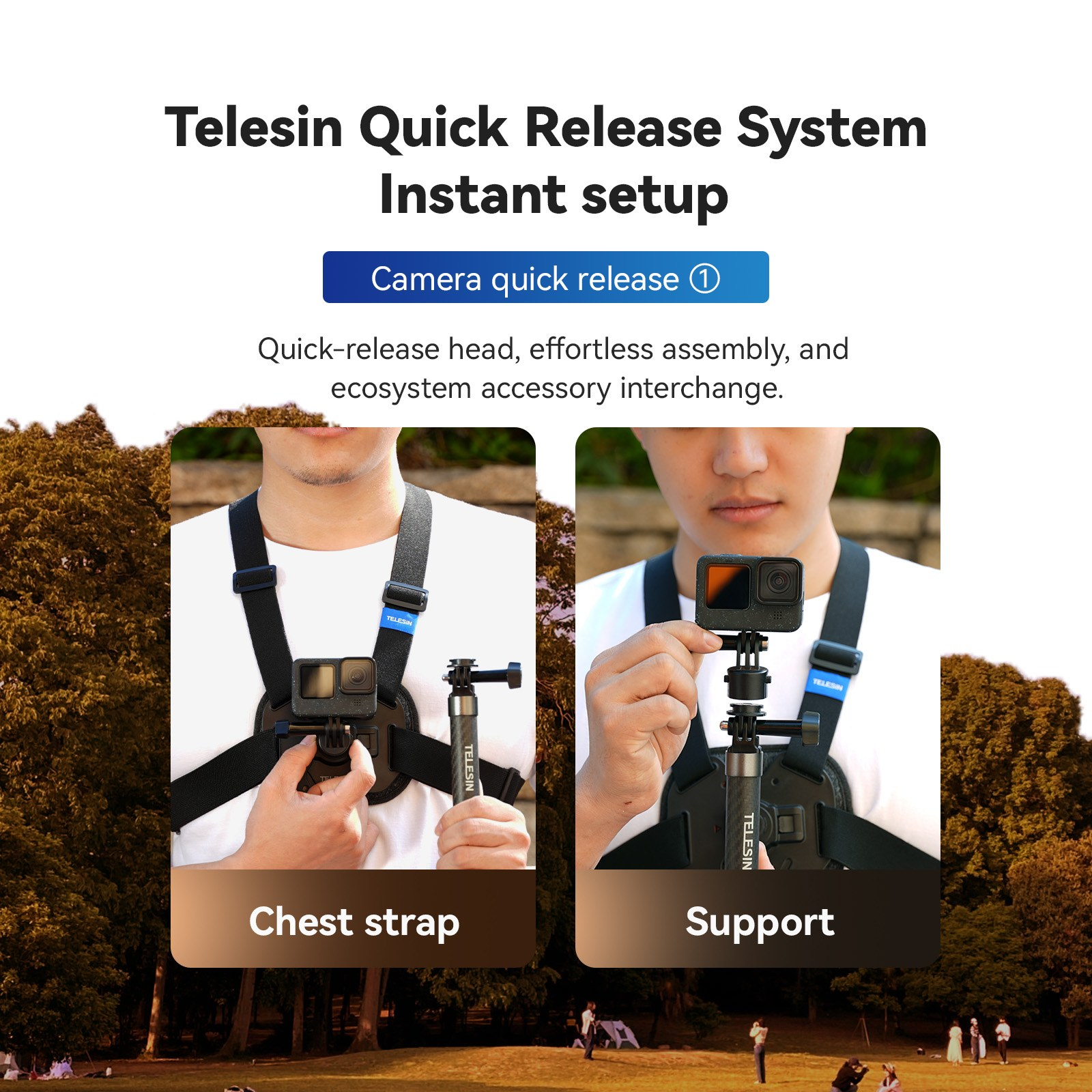 Telesin quick-releasesysteem met borstband en steun voor eenvoudige cameramongage en gebruik.